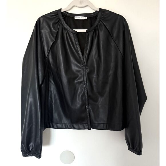 Avec Les Filles Raglan Sleeve Black Faux Leather Button Up Blouse Sz XL - Picture 2 of 12